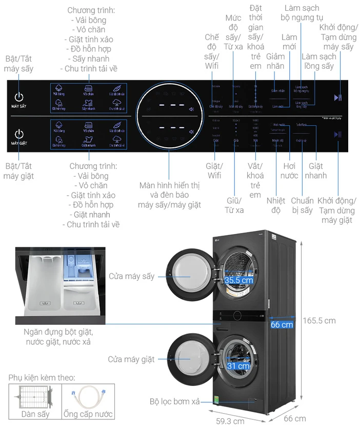 Tháp Giặt Sấy LG WashTower Inverter giặt 14 kg - sấy 10 kg WT1410NHB-2